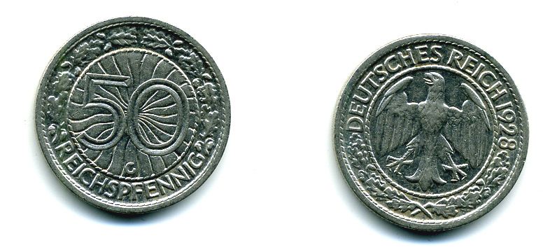 Германия 50 рейхспфеннигов 1928 G KM 49, J.324 никель 46-1821