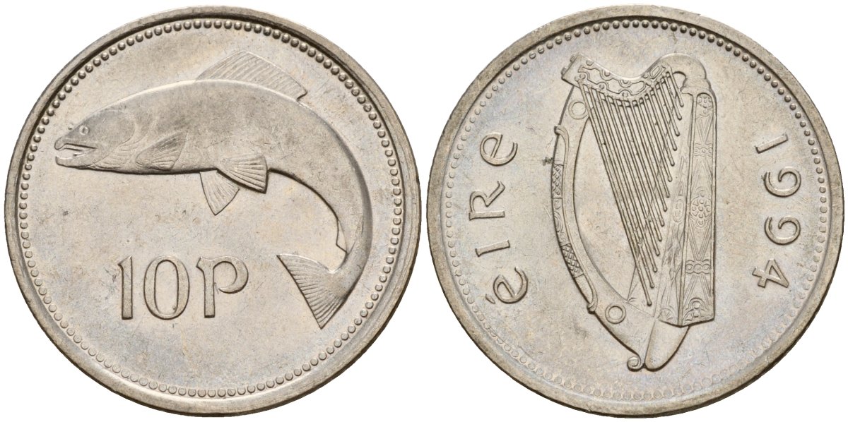 Ирландия 10 пенсов 1994 лосось KM 29 медно-никель 4141-315
