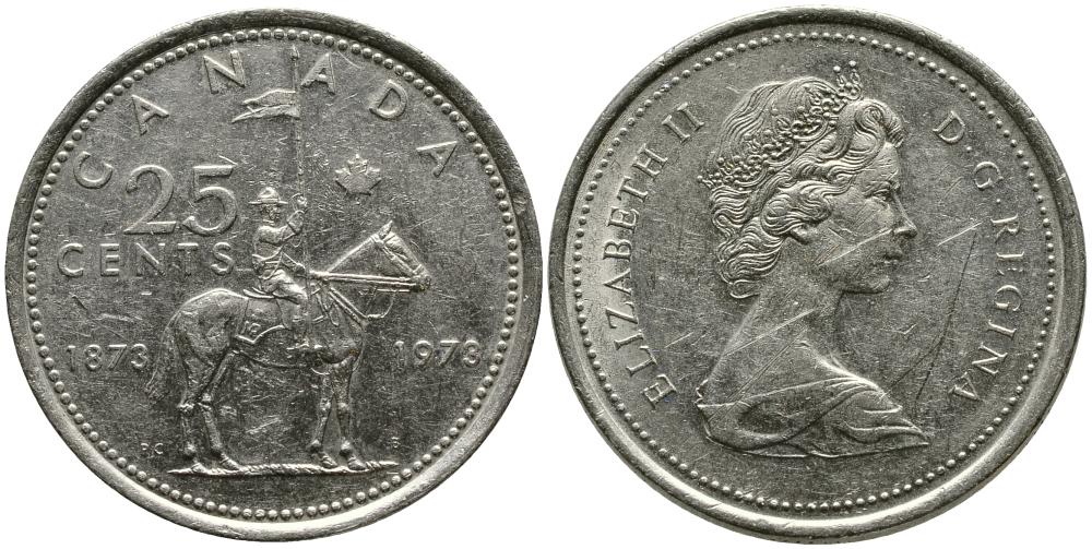 Канада 25 центов 1973 100 лет канадской горной полиции (1873-1973), Елизавета II (1952-2022) KM 81 никель 3336-245