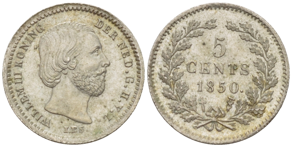 Нидерланды 5 центов 1850 Виллем III (1849-1890), точка после даты KM 91 серебро aUNC 66-1222