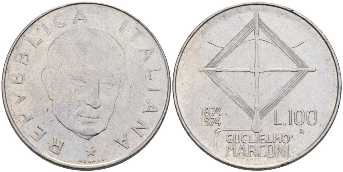 Италия 100 лир 1974 R, 100 лет со дня рождения МАРКОНИ KM 102 нержавеющая сталь 51-4246