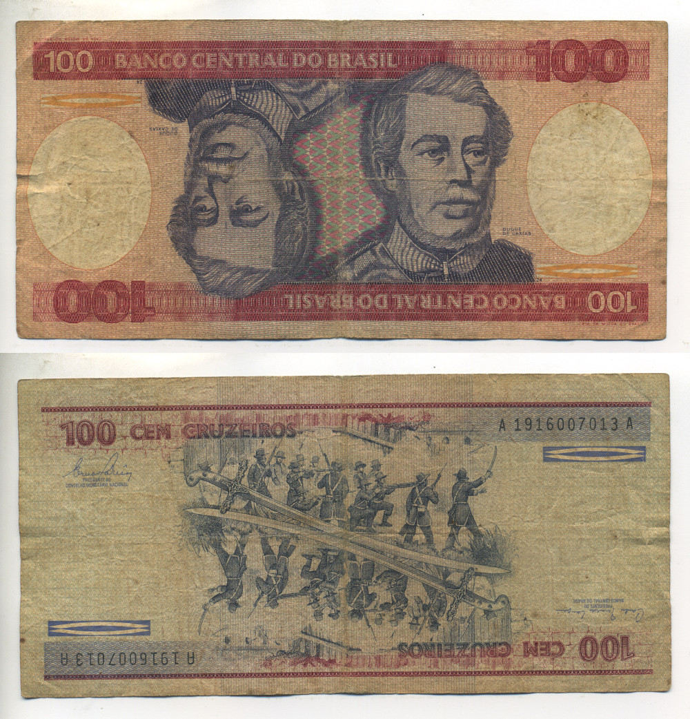 БРАЗИЛИЯ 100 КРУЗЕЙРО 1981 ПОДПИСЬ 20, ГЕРЦОГ КАКСИАС Pick 198a бумага 6266-40-1-2