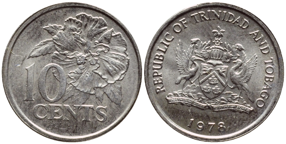Тринидад и Тобаго 10 центов 1978 цветок гибискуса KM 31 медно-никель 4396-865