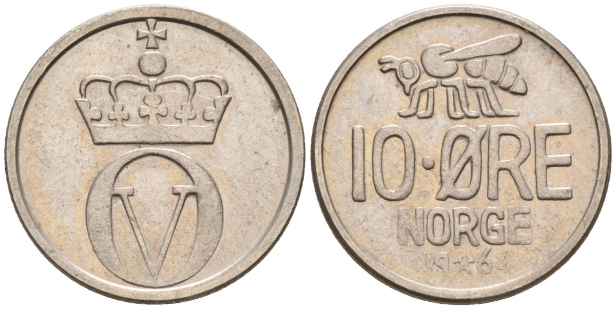 Норвегия 10 эре 1964 пчела, Улаф V (1958-1991) KM 411 медно-никель 4580-961