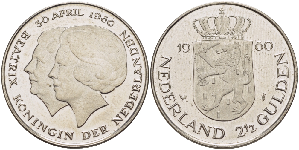 Нидерланды 2 1/2 гульдена 1980 коронация Беатрикс, 30 апреля 1980 KM 201 никель 38-114