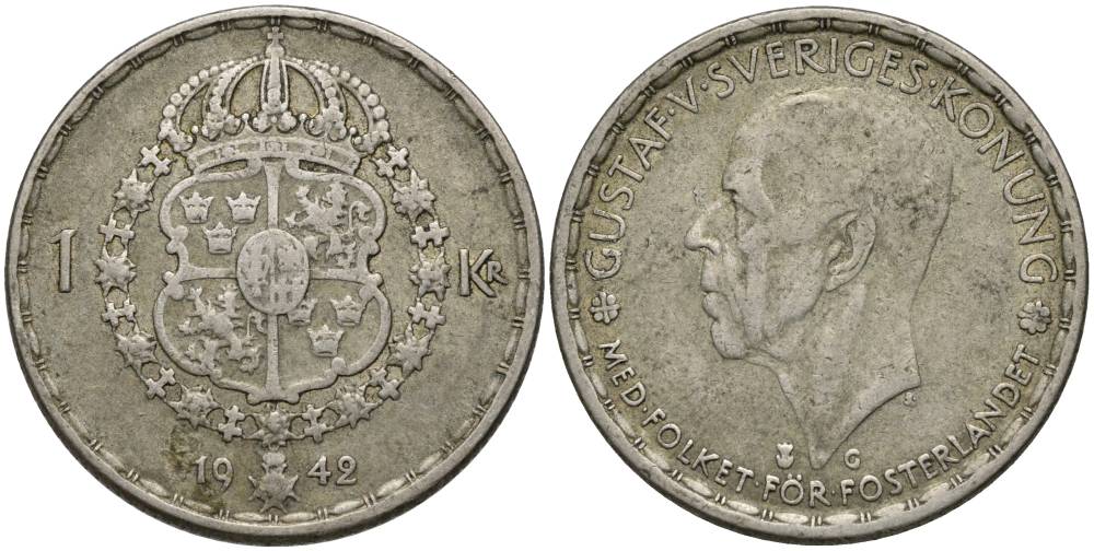 Швеция 1 крона 1942 G, Густав V (1907-1950) KM 814 серебро 27-1025