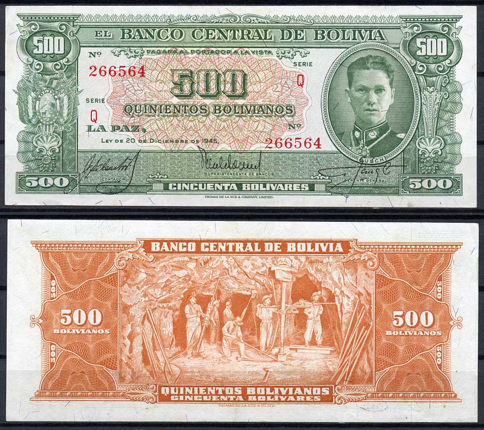 Боливия 500 боливиано 1945 серия Q, Херман Буш Бесерра, шахтеры, TDLR Pick 148 (2)  бумага  aUNC 451-695-1