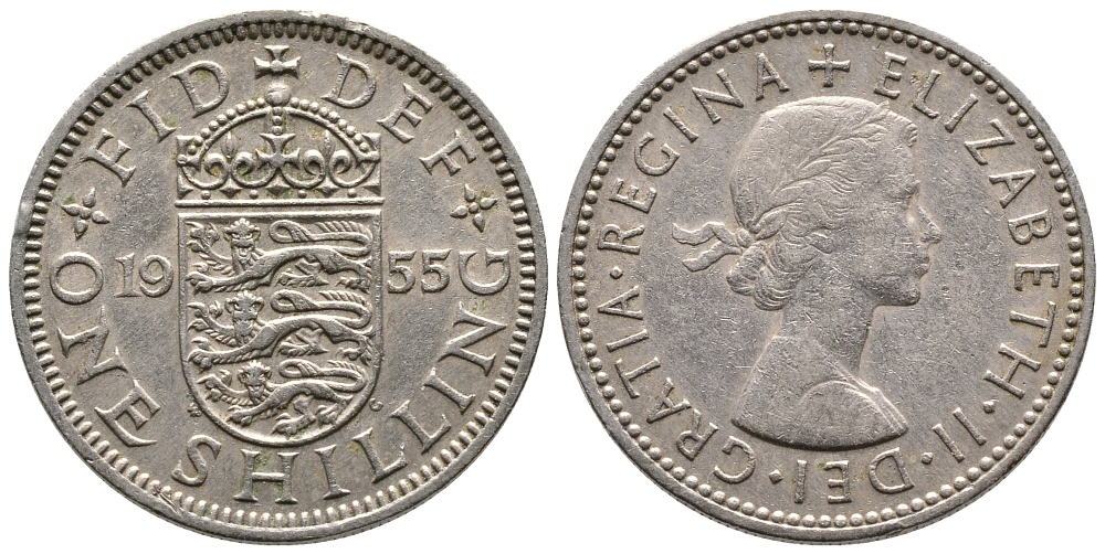 Великобритания 1 шиллинг 1955 Елизавета II (1952-2022), Английский герб KM 904, Spink 4147 медно-никель 86-925