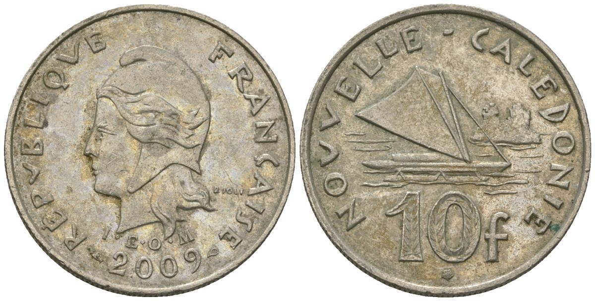 Французская Новая Каледония 10 франков 2009 рыбачья парусная лодка, (IEOM) KM 11a, Schoen 13a, Lec 99k медно-никель 60-1353