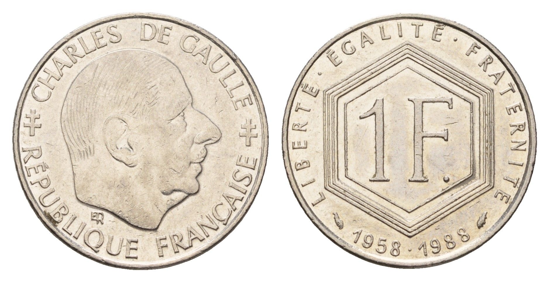 Франция 1 франк 1988 30 лет Пятой Республике, Шарль де Голль KM 963, Le Franc 227.2 никель 4675-752