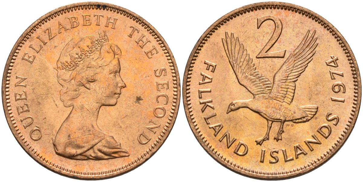Фолклендские острова 2 пенса 1974 Елизавета II (1952-2022), магелланов гусь KM 3 бронза aUNC 4153-555