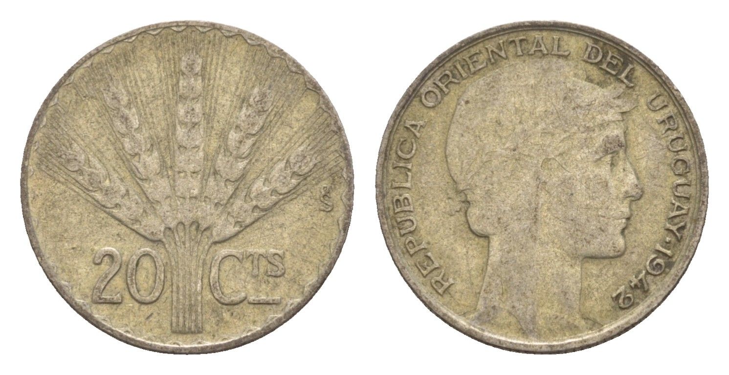 Уругвай 20 сентесимо 1942 год-тип KM 29 серебро 4658-832