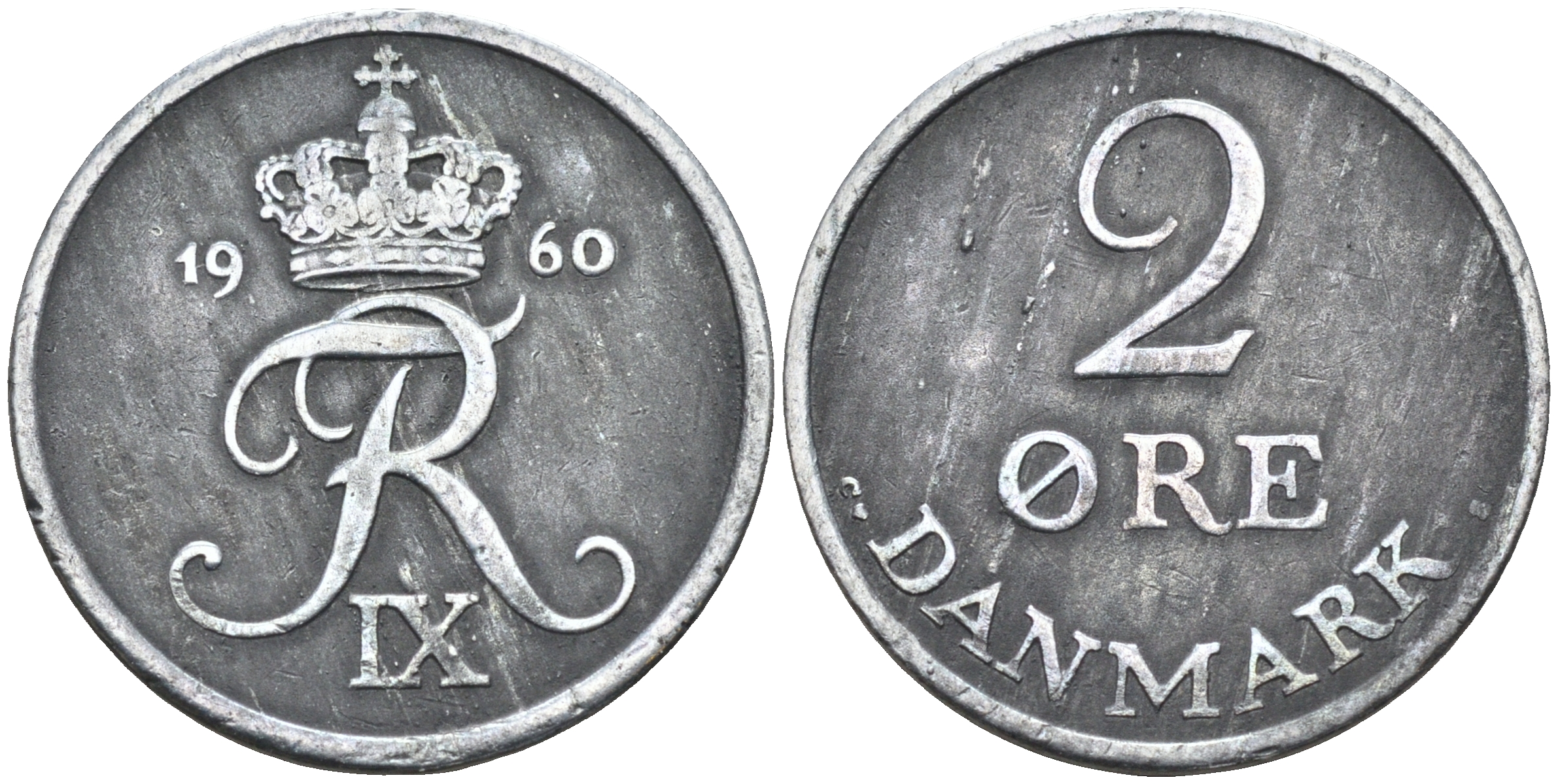 Дания 2 эре 1960 C; S, Фредерик IX (1947-1972) KM 840.2 цинк  4177-154