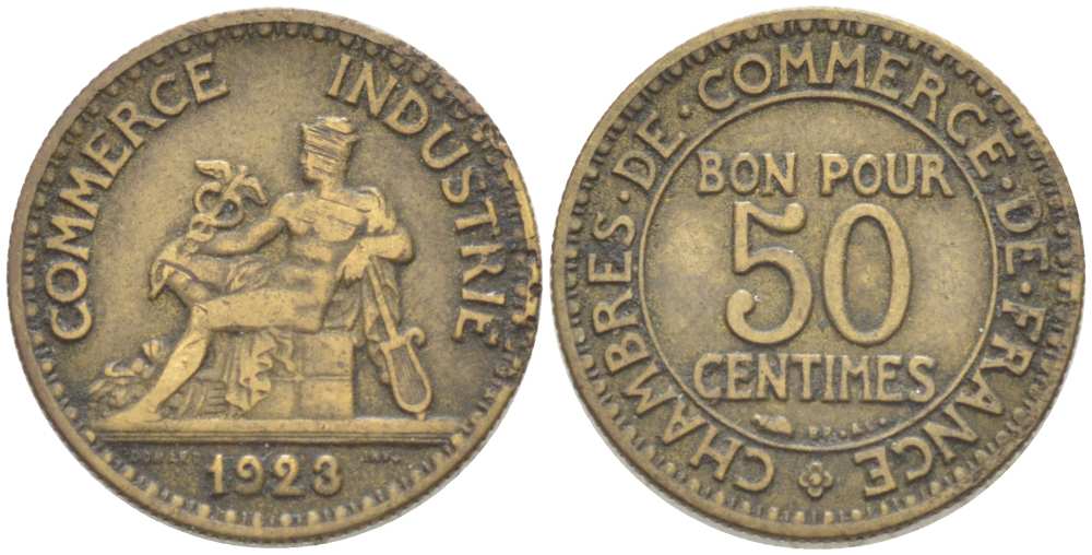 ФРАНЦИЯ 50 САНТИМОВ 1923 CHAMBRES DE COMMERCE KM 834, LE FRANC 191.6 алюминиевая бронза 218-123