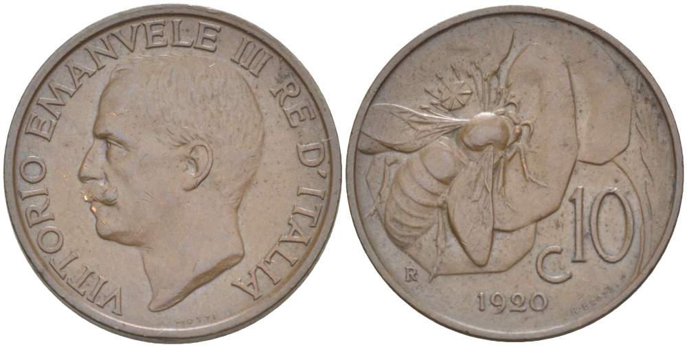 ИТАЛИЯ 10 ЧЕНТЕЗИМО 1920 R, МОНДВОР РИМ, ВИКТОР ЭММАНУИЛ III (1900-1946) KM 60 медь 4525-221