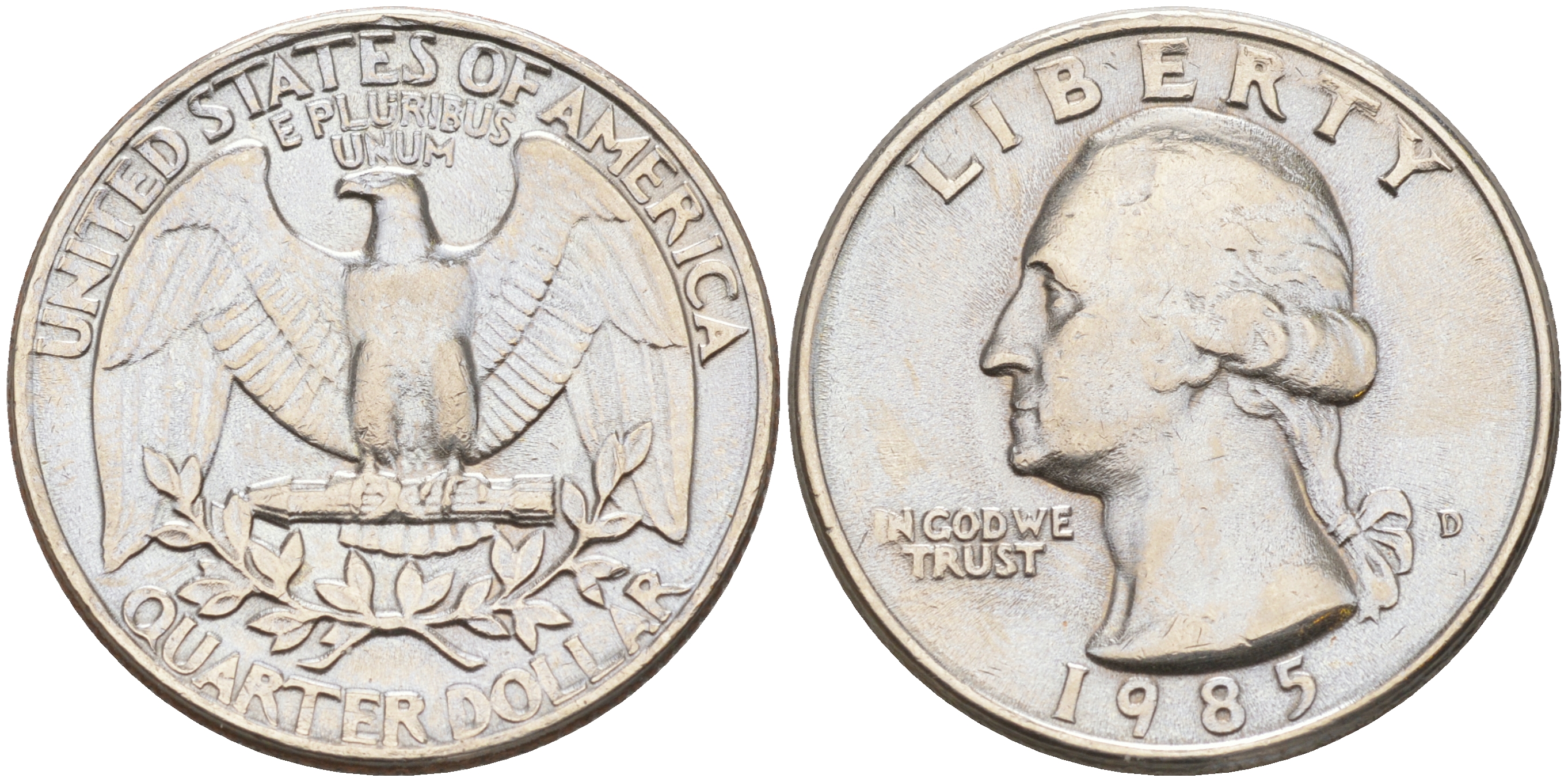 США 25 ЦЕНТОВ = КВОТЕР 1985 D, ВАШИНГТОН KM А164a медь плакированная медно-никелем 190-343