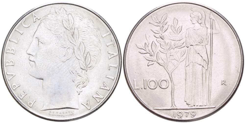 ИТАЛИЯ 100 ЛИР 1979 R, АФИНА, ДИАМЕТР 28 ММ. KM 96.1 нержавеющая сталь 4179-1115