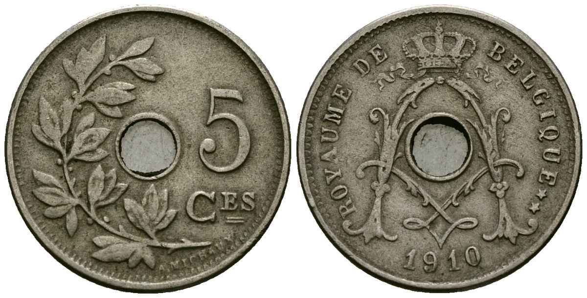 Бельгия 5 сантимов 1910 Belgique, Альберт I (1909-1934) KM 66 медно-никель 4173-429