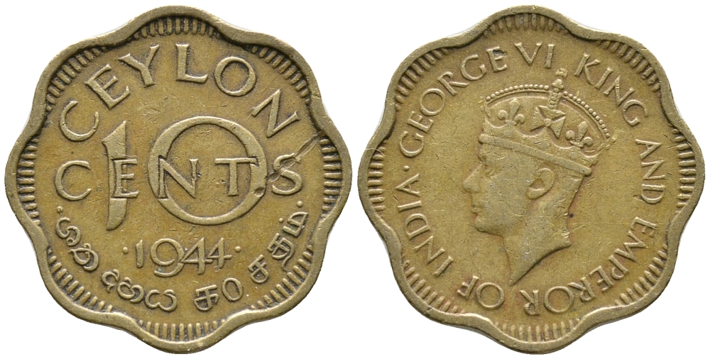 ЦЕЙЛОН 10 ЦЕНТОВ 1944 ГЕОРГ VI KM 118 никель латунь 34-824