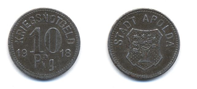 АПОЛЬДА 10 ПФЕННИГОВ 1918 НОТГЕЛЬД, ЗЕМЛЯ ТЮРИНГИЯ, РАЙОН ВЕЙМАР железо 29-246