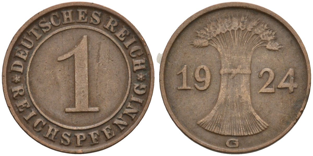 Германия 1 рейхспфенниг 1924 G KM 37, J. 313 бронза 4516-1121