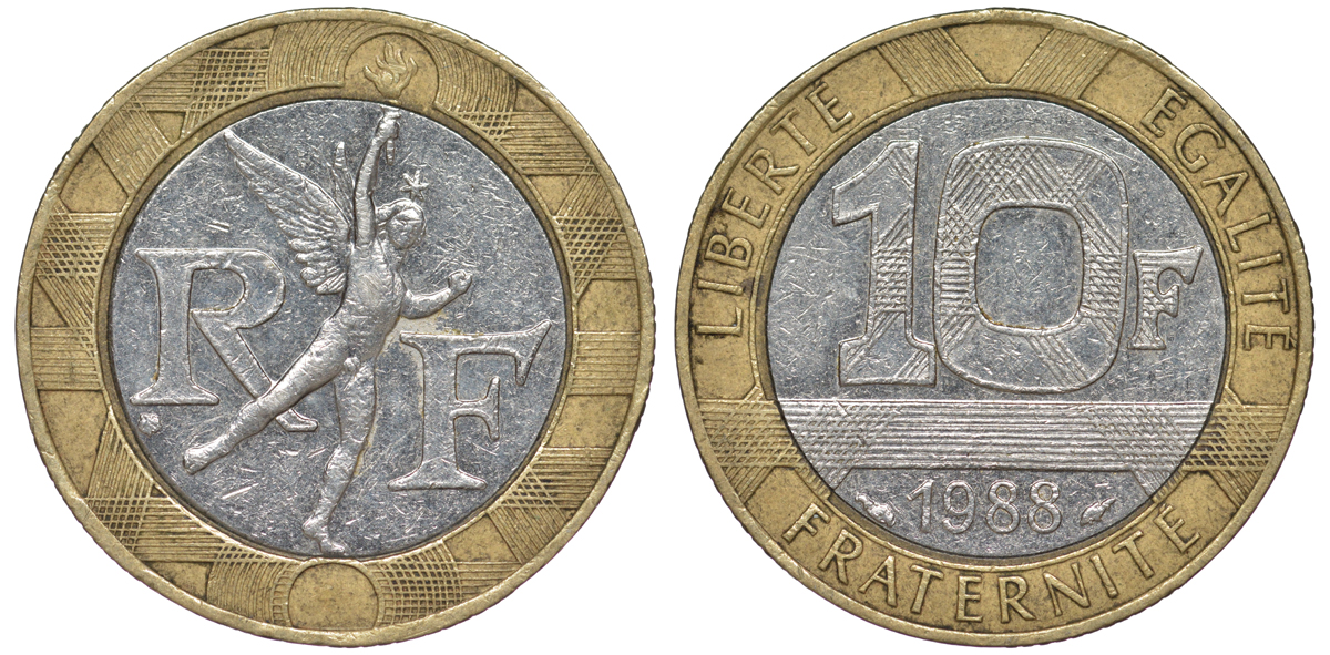 Франция 10 франков 1988 тип Гений Бастилии KM 964.1, Le Frank 375.2 биметалл 45-523