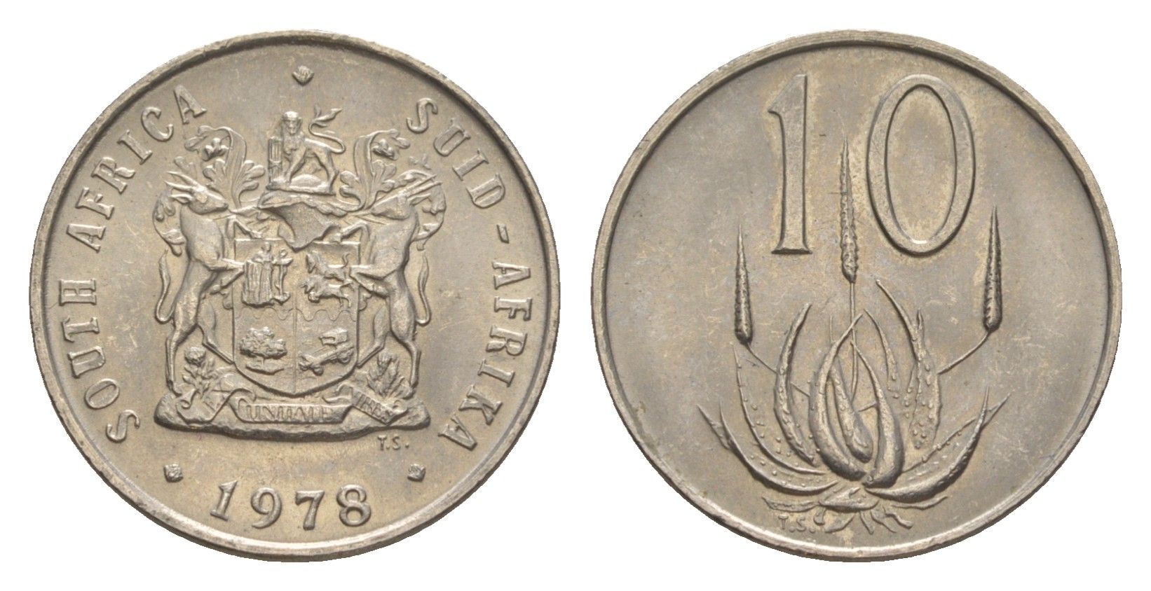 ЮАР 10 центов 1978 герб, цветок алоэ KM 85 медно-никель UNC 4596-363