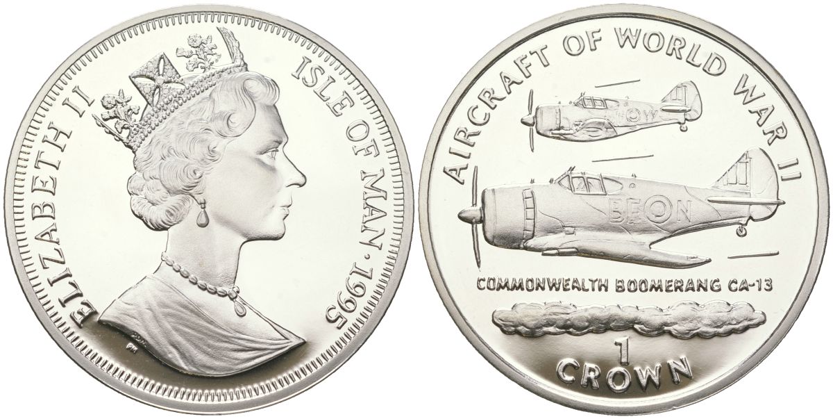 Остров Мэн 1 крона 1995 Авиация Второй Мировой войны - Commonwealth Boomerang CA - 13 KM 512a серебро PROOF 1530-1342