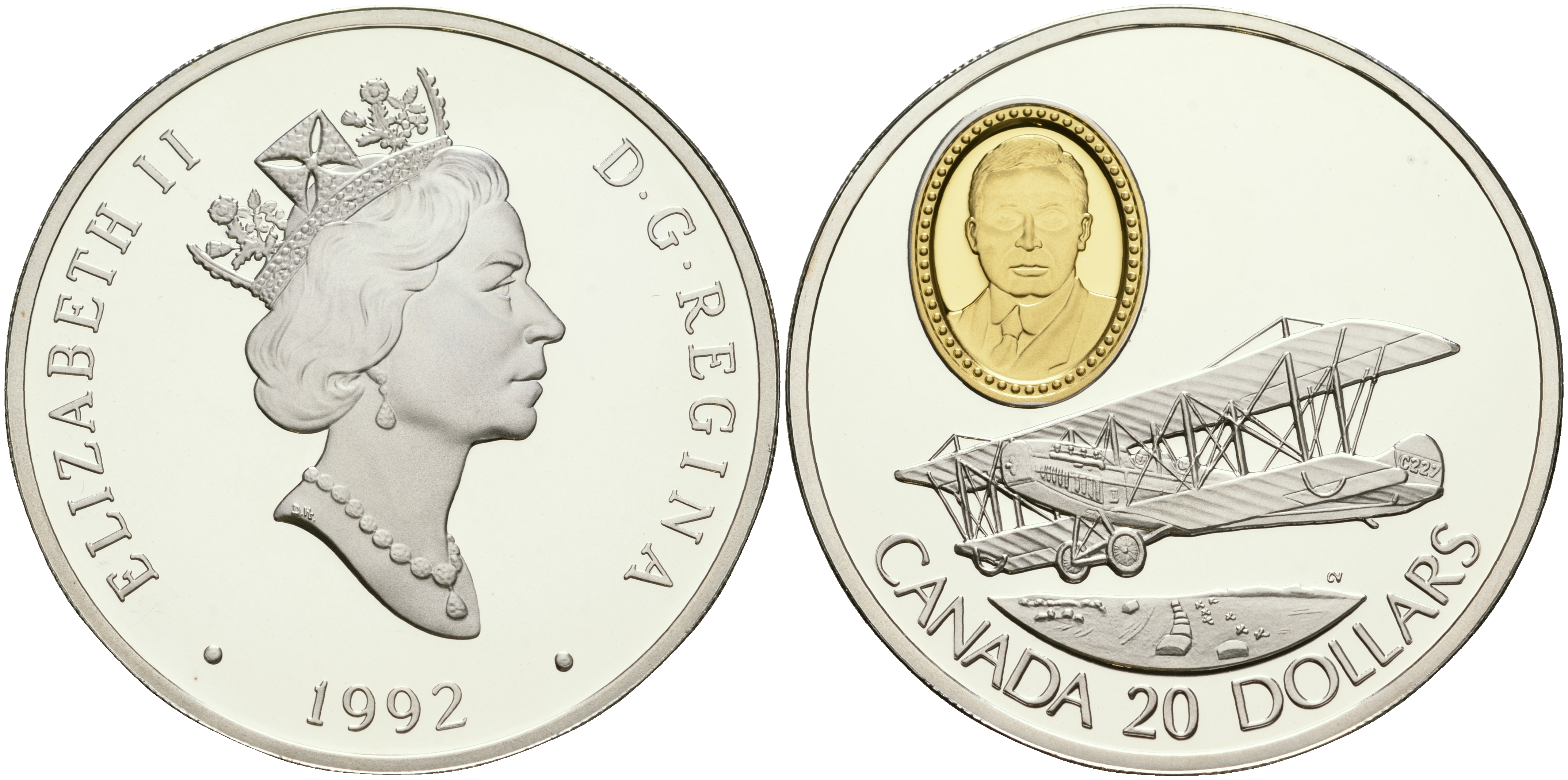 Канада 20 долларов 1992 самолет DH.60G Gipsy Moth в оригинальной коробке с сертификатом KM 225 серебро позолота PROOF 5-4-5-21