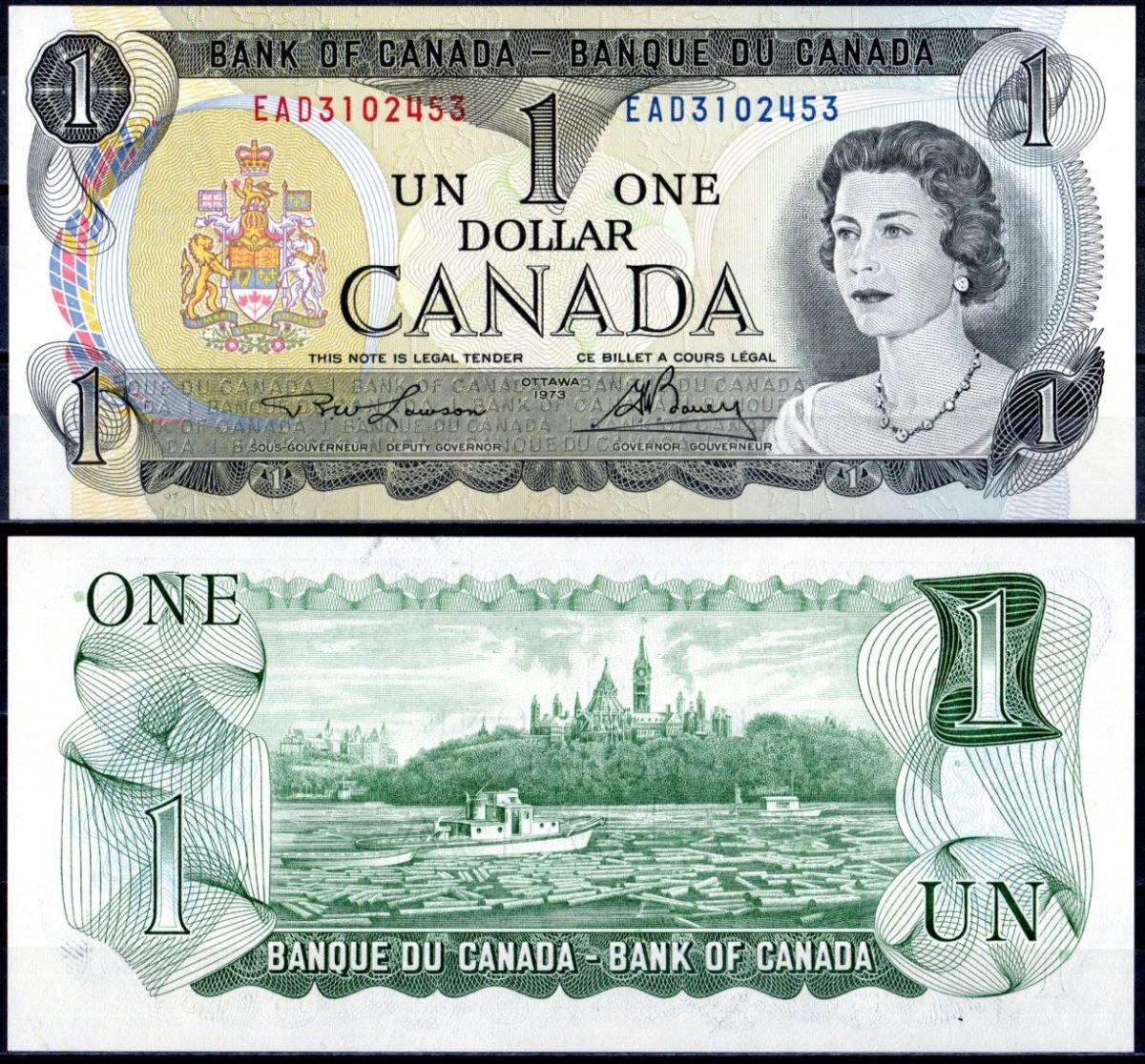 Канада 1 доллар 1973 королева Елизавета II (1952-2022), здание парламента, река Оттава Pick 85 b бумага UNC (пресс) 8615-48-1-1