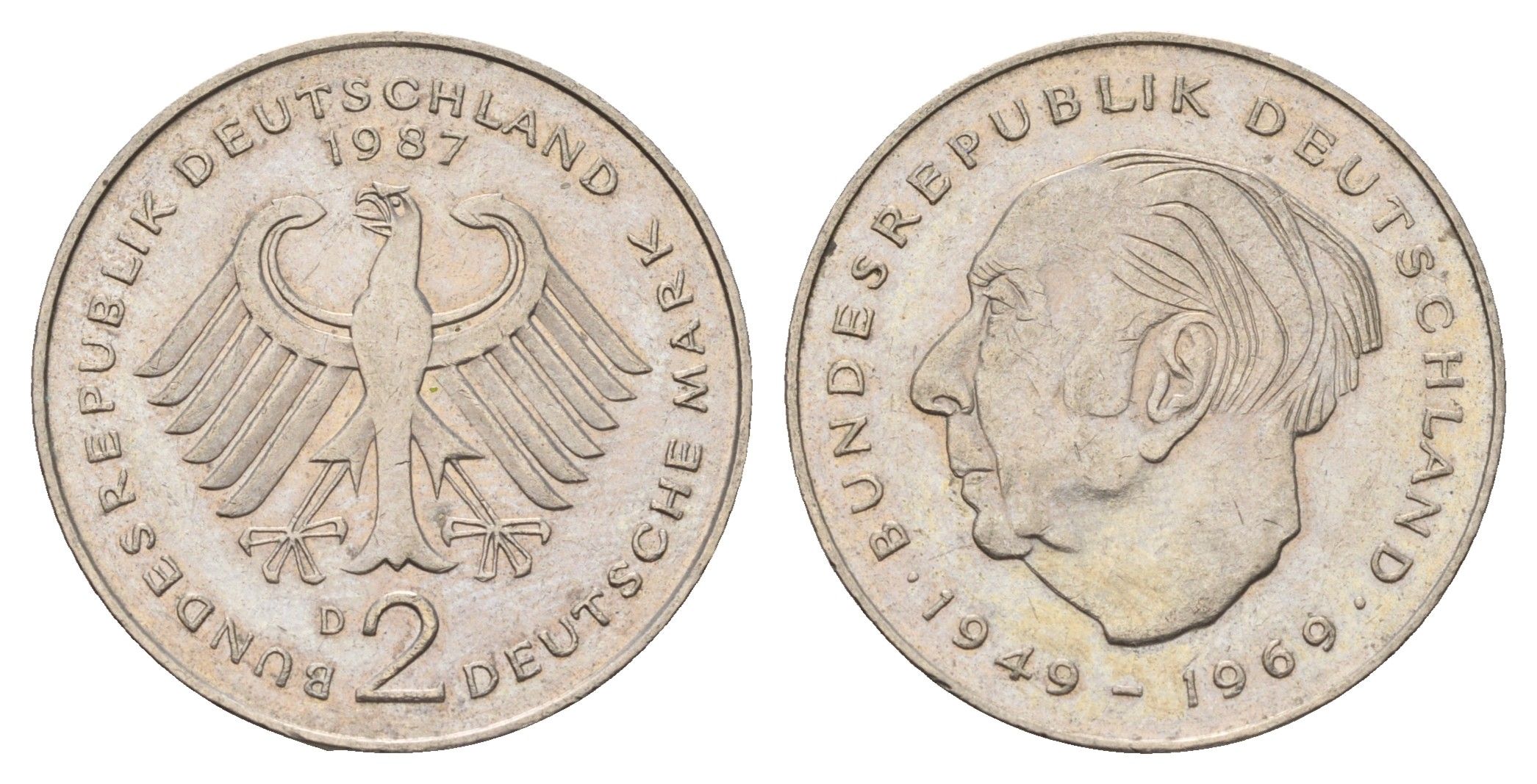 ФРГ 2 марки 1987 D, Теодор Хойс, 20 лет Федеративной Республике (1949-1969) KM A127 медно-никель 4675-311