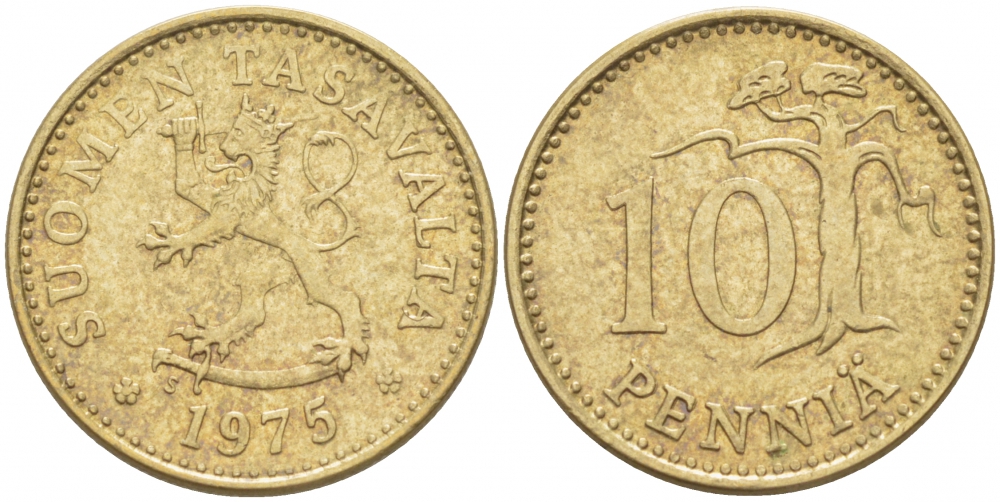 ФИНЛЯНДИЯ 10 ПЕННИ 1975 S KM 46 алюминиевая бронза 3718-131