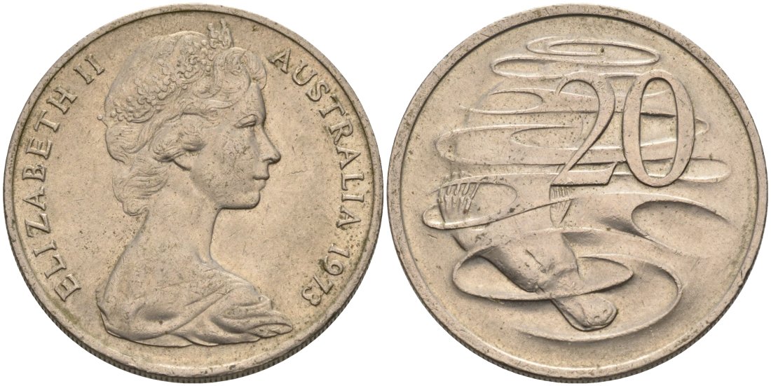 Австралия 20 центов 1973 Елизавета II (1952-2022), утконос KM 66 медно-никель 4572-626