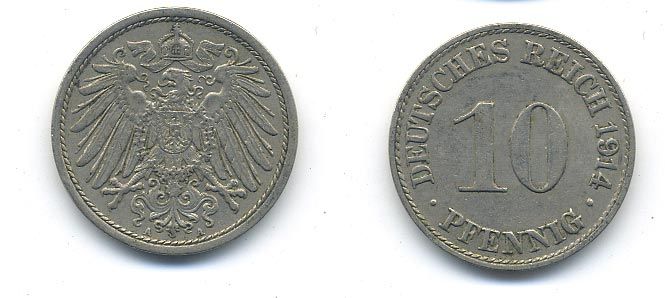 ГЕРМАНИЯ 10 ПФЕННИГОВ 1914 A KM 12, J. 13 медно-никель 58-416