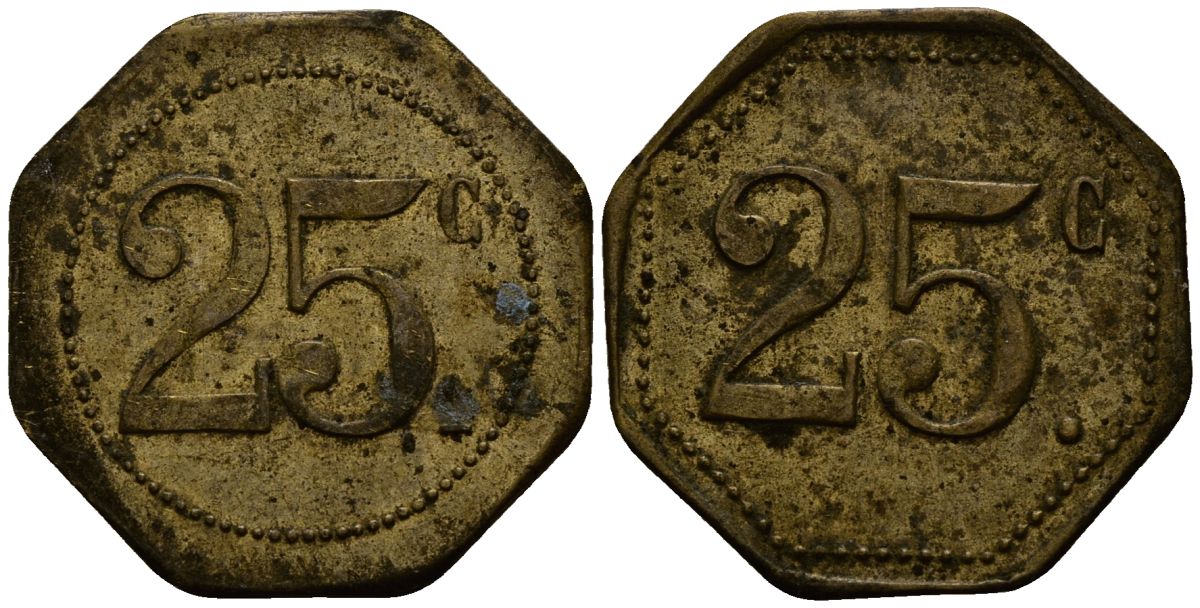 Франция 25 сантимов XIX-XX век ресторанный жетон латунь 4166-444