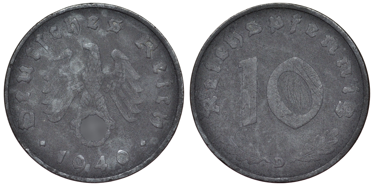 Германия 10 рейхспфеннигов 1940 D KM 101, J. 371 цинк 4121-1022