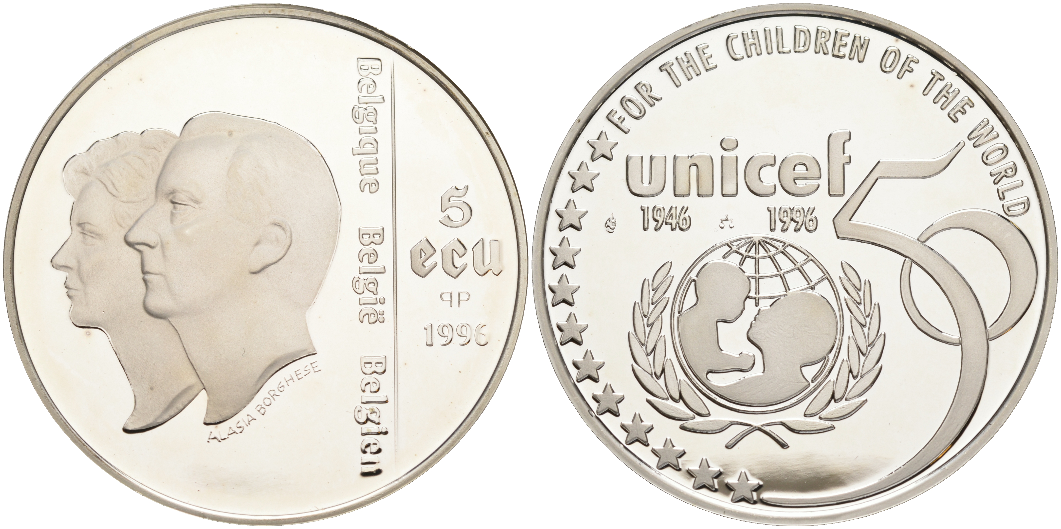 Бельгия 5 экю 1996 50 лет UNICEF (1946-1996) KM 203 серебро PROOF 11-252-12