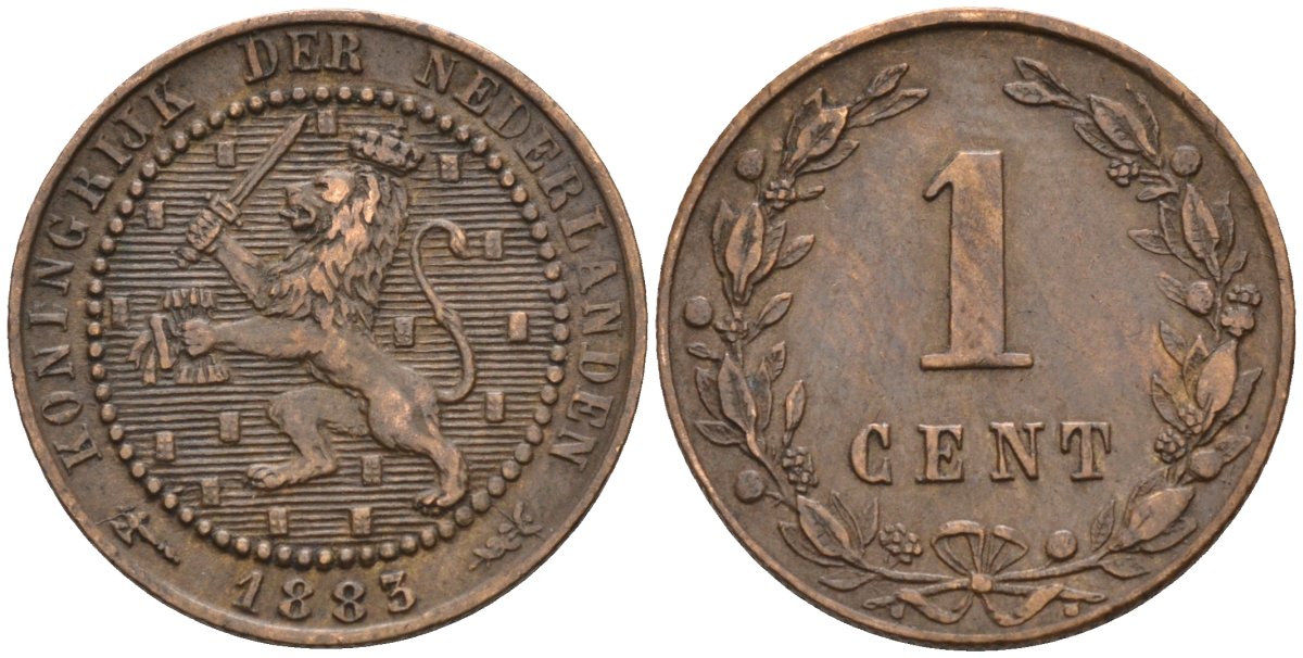 Нидерланды 1 цент 1883 Виллем III (1849-1890) KM 107 бронза 4585-746