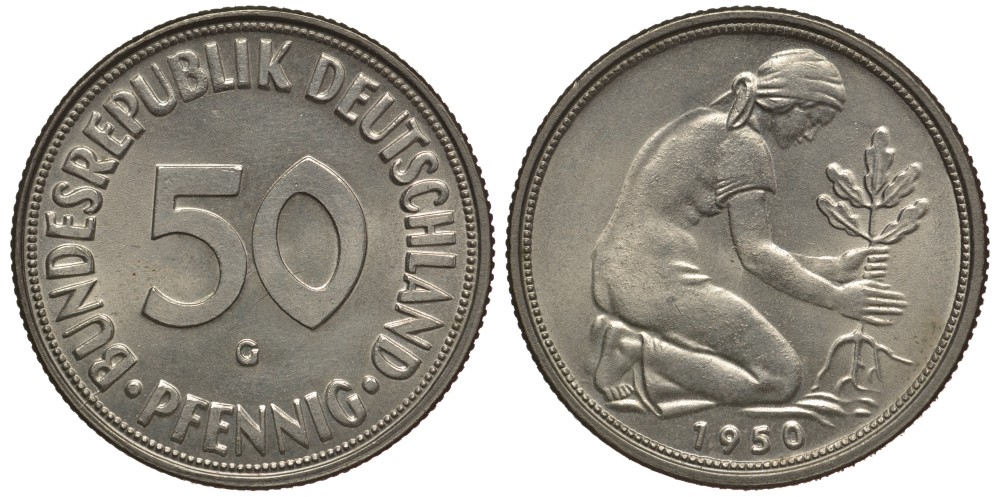 ФРГ 50 ПФЕННИГОВ 1950 G KM 109.1, J. 384 медно-никель UNC 4127-1132