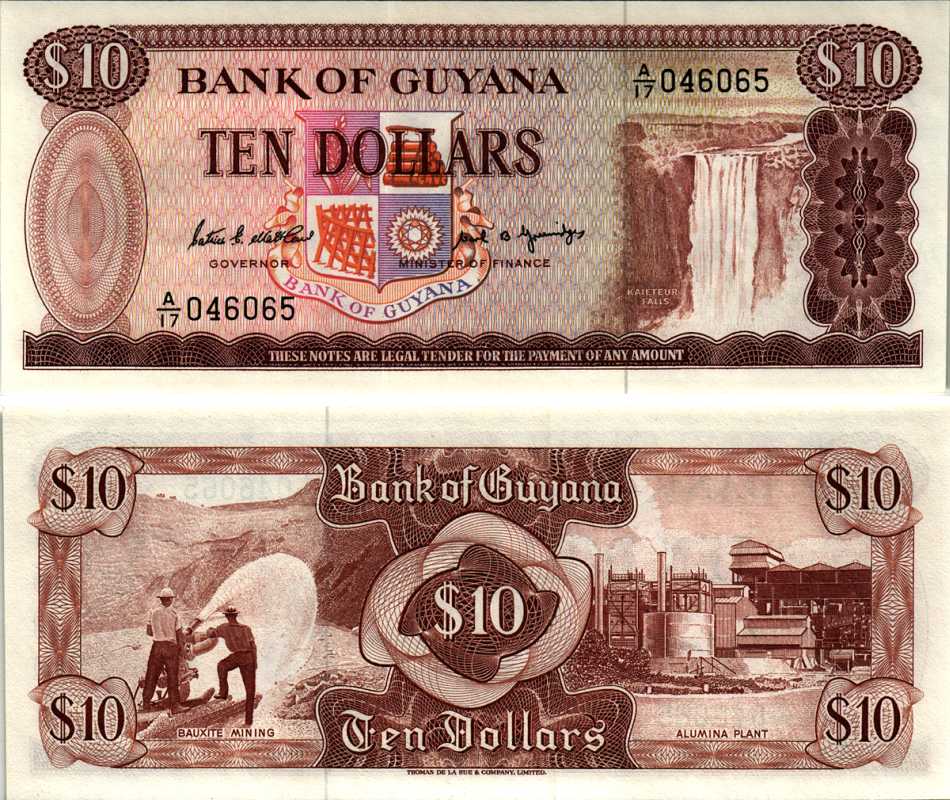 ГАЙАНА 10 ДОЛЛАРОВ 1989 ПОДПИСЬ 7, ВОДОПАД КАЙЕТУР Pick 23d бумага UNC (ПРЕСС) 8606-49-3-1