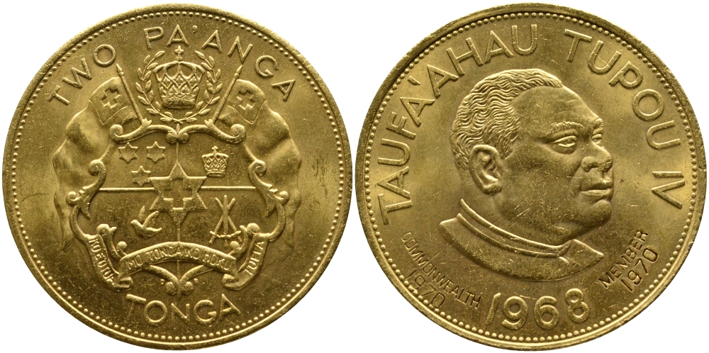 Тонга 2 паанга 1970 год 1968, ограниченный выпуск, позолота, вступление Тонги в Британское содружество, надчеканка на KM 37, король Тауфа’ахау Тупоу IV  медно-никель    1095-8-14