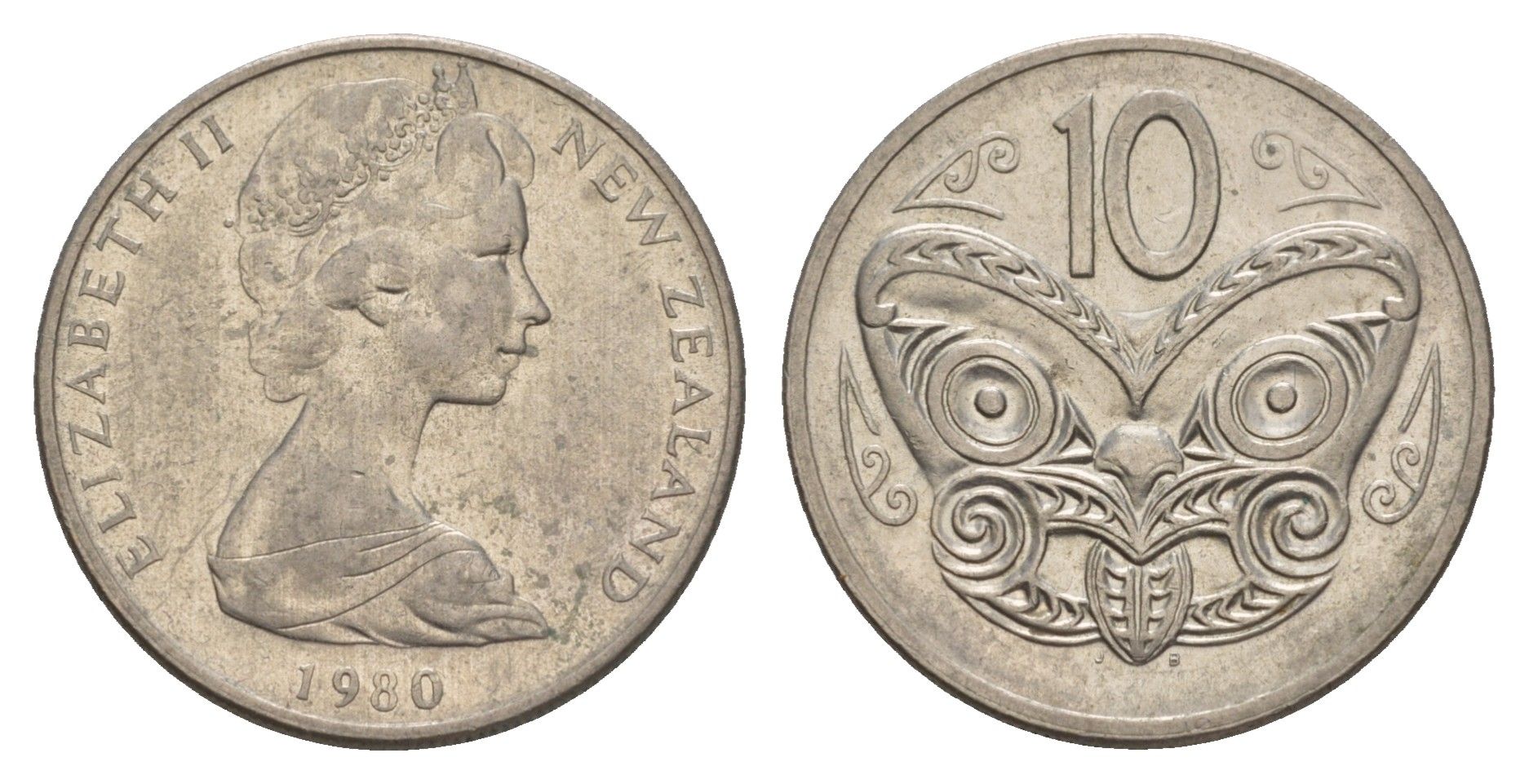 Новая Зеландия 10 центов 1980 Елизавета II (1952-2022), маска маори KM 41.1 медно-никель 4657-132