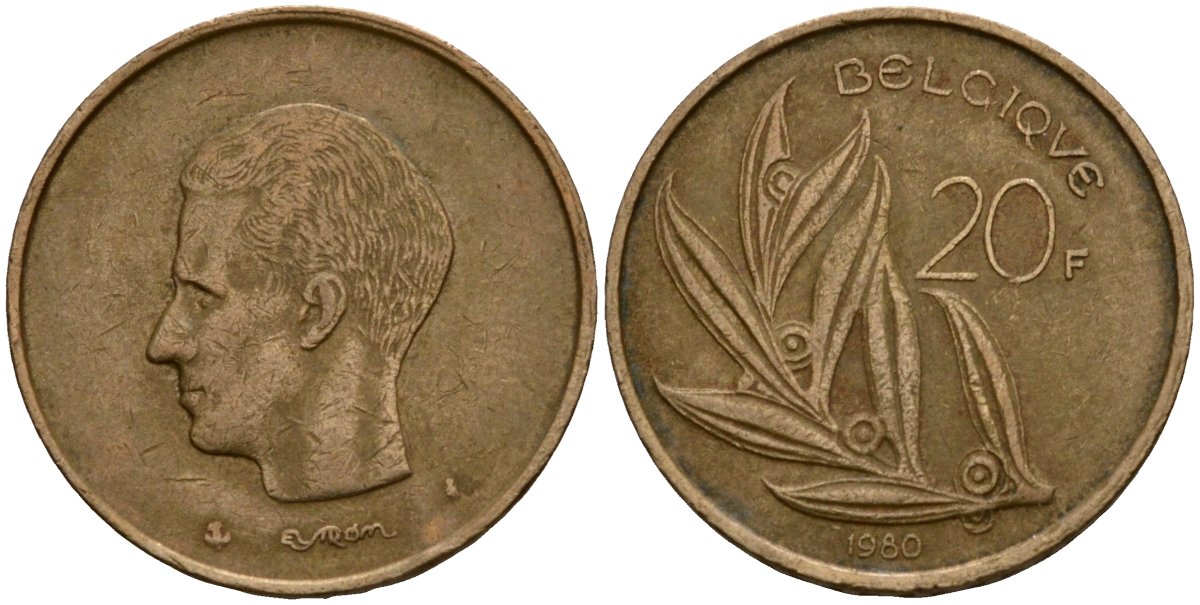 Бельгия 20 франков 1980 Belgique, Бодуэн I (1951-1993) KM 159 никель бронза 4601-334