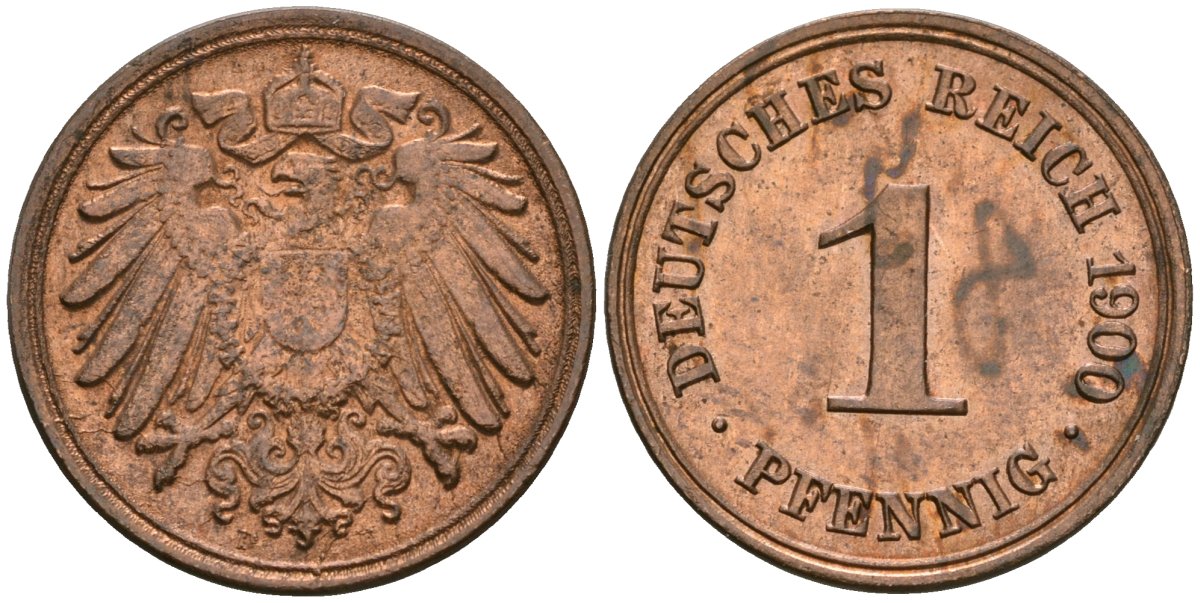 Германия 1 пфенниг 1900 D, Вильгельм II (1888-1918) KM 10, J. 10 медь 4608-147