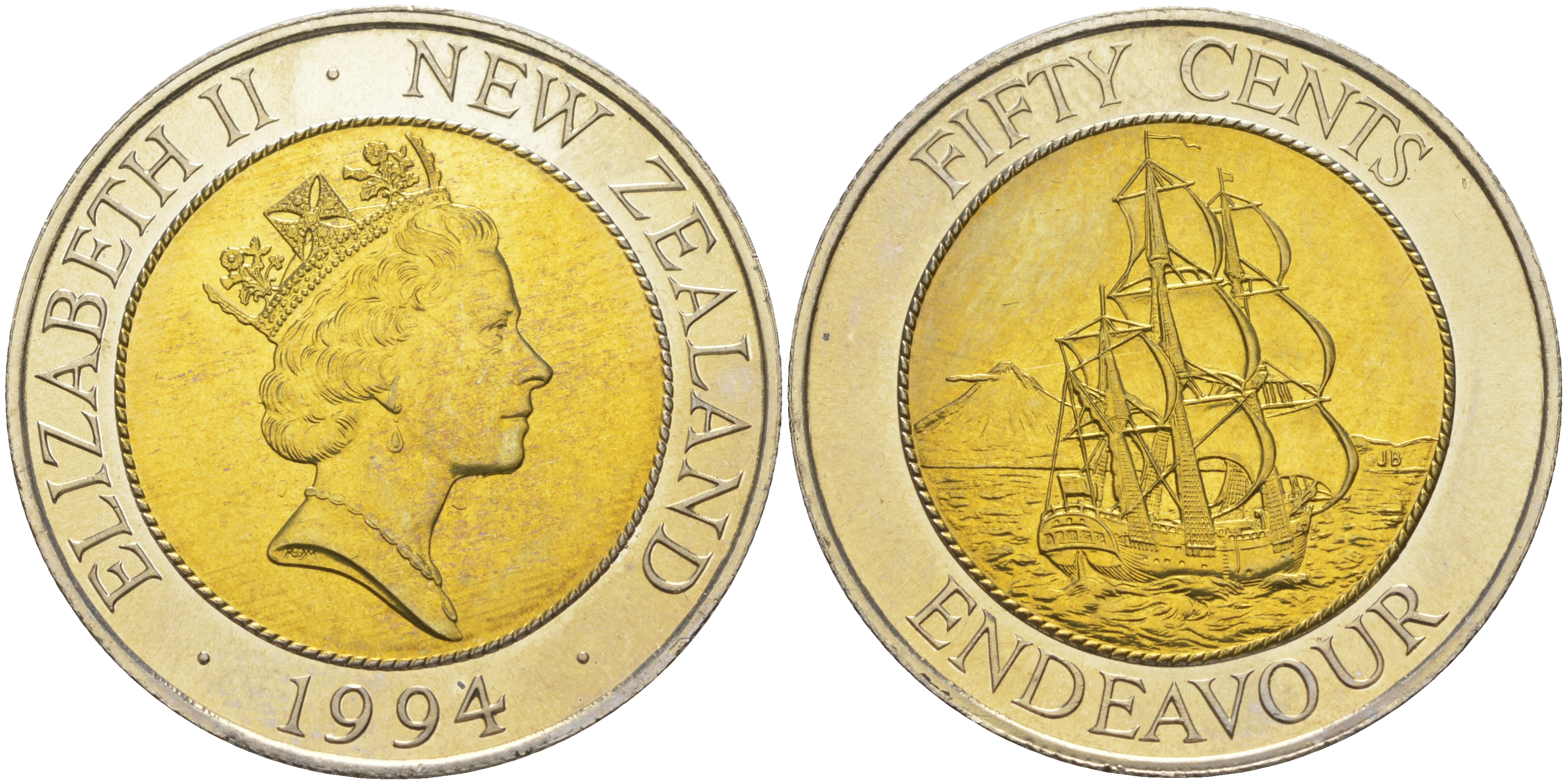 Новая Зеландия 50 центов 1994 Елизавета II (1952-2022), парусник Индевор KM 90 биметалл UNC 1522-1341