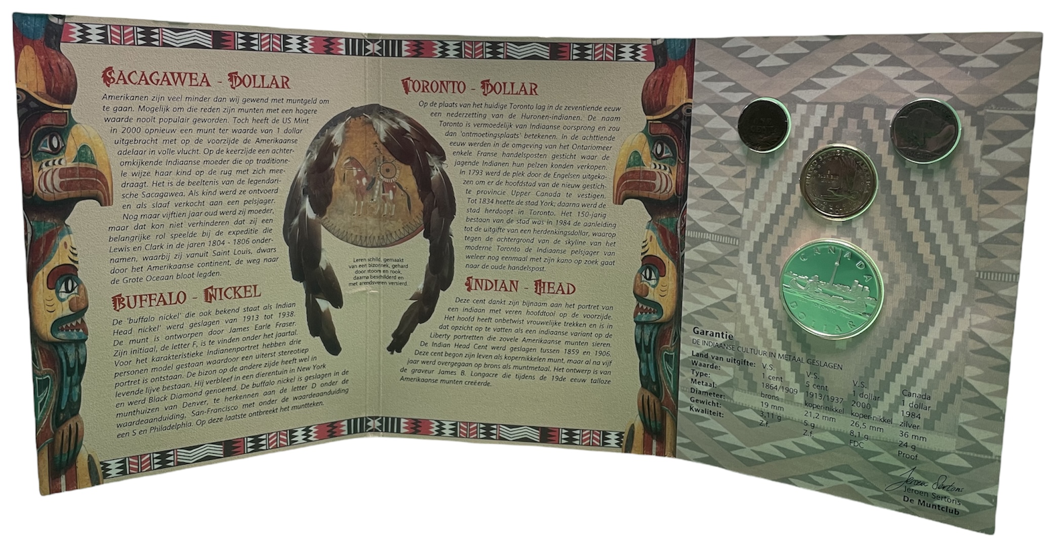 США, Канада набор из 4 монет 1906-2000 Индейцы Америки 1 цент 1906, 5 центов 1937 бизон, 1 доллар 2000 D индианка, Канада 1 доллар 1984 150 лет Торонто, каноэ, буклет KM 90а, 134, 310, 140 7-6-1-29