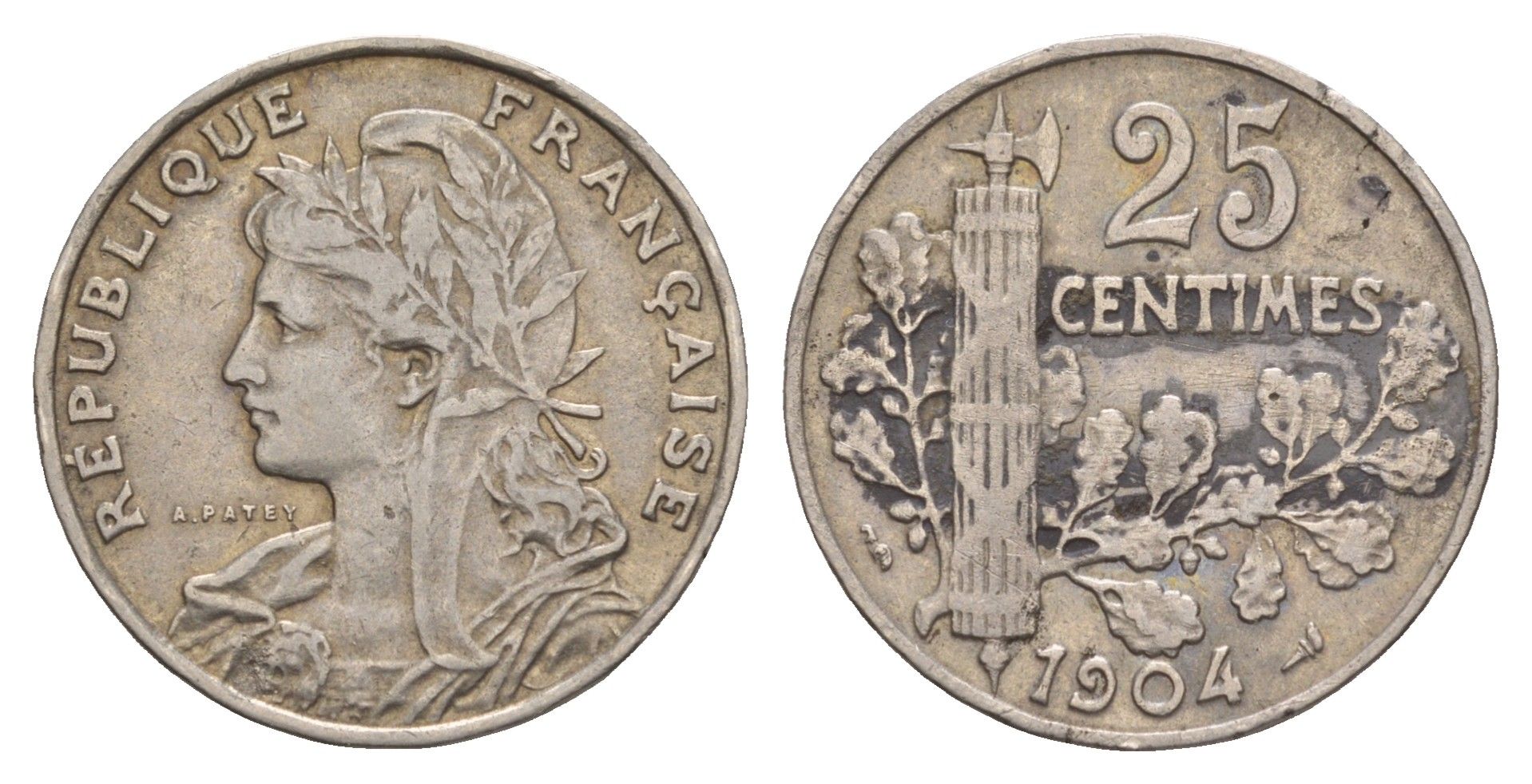 Франция 25 сантимов 1904 KM 856 никель 4657-547