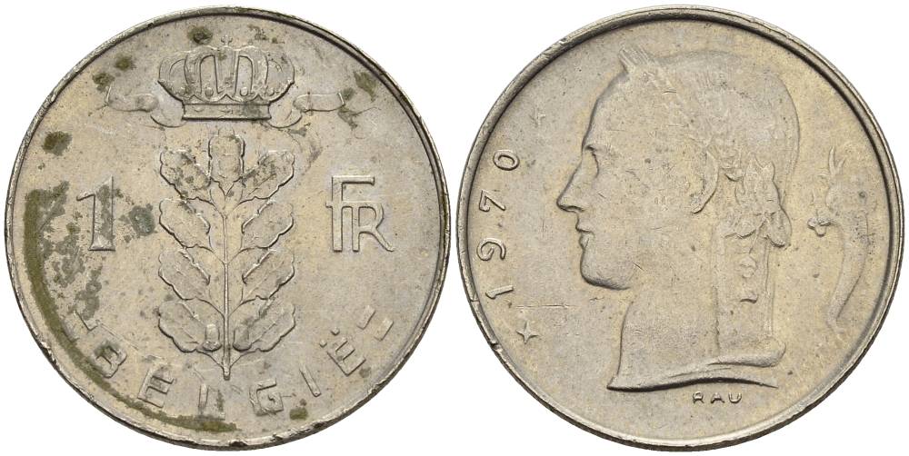 БЕЛЬГИЯ 1 ФРАНК 1970 BELGIE KM 143.1 медно-никель 4546-414