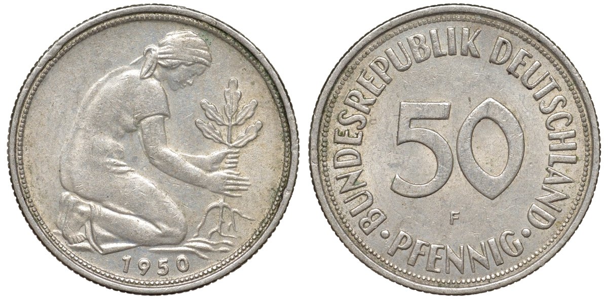 ФРГ 50 пфеннигов 1950 F KM 109, J. 384 медно-никель 4132-637
