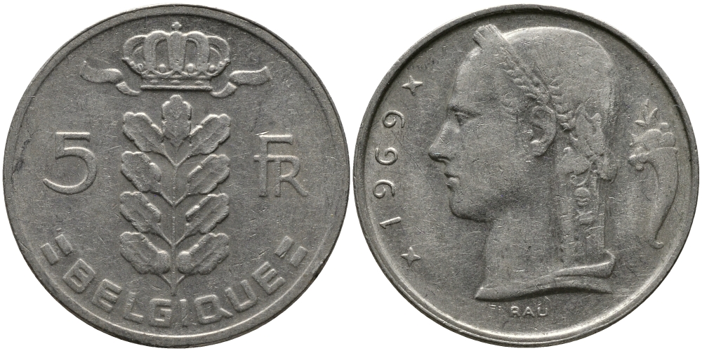 БЕЛЬГИЯ 5 ФРАНКОВ 1969 BELGIQUE KM 134.1 медно-никель 98-641